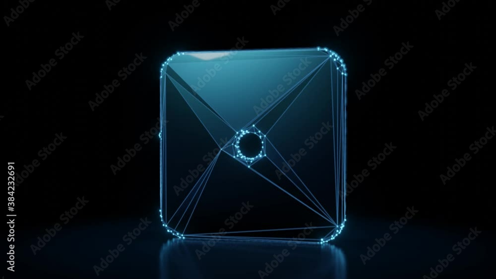 Poster 3d rendering 4k fly through wireframe neon glowing symbol of dice with one dot with bright dots on d