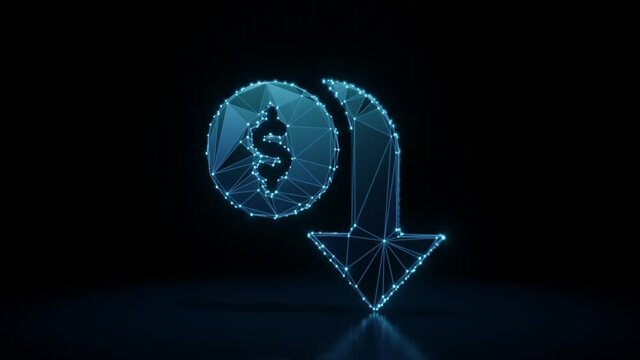 3d rendering 4k fly through wireframe neon glowing symbol of dollar symbol and down arrow with bright dots on dark background with blured reflection on floor