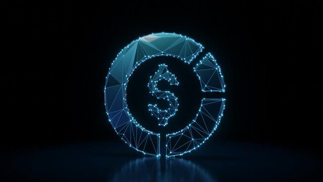 3d rendering 4k fly through wireframe neon glowing symbol of circular diagram with dollar symbol in the middle with bright dots on dark background with blured reflection on floor
