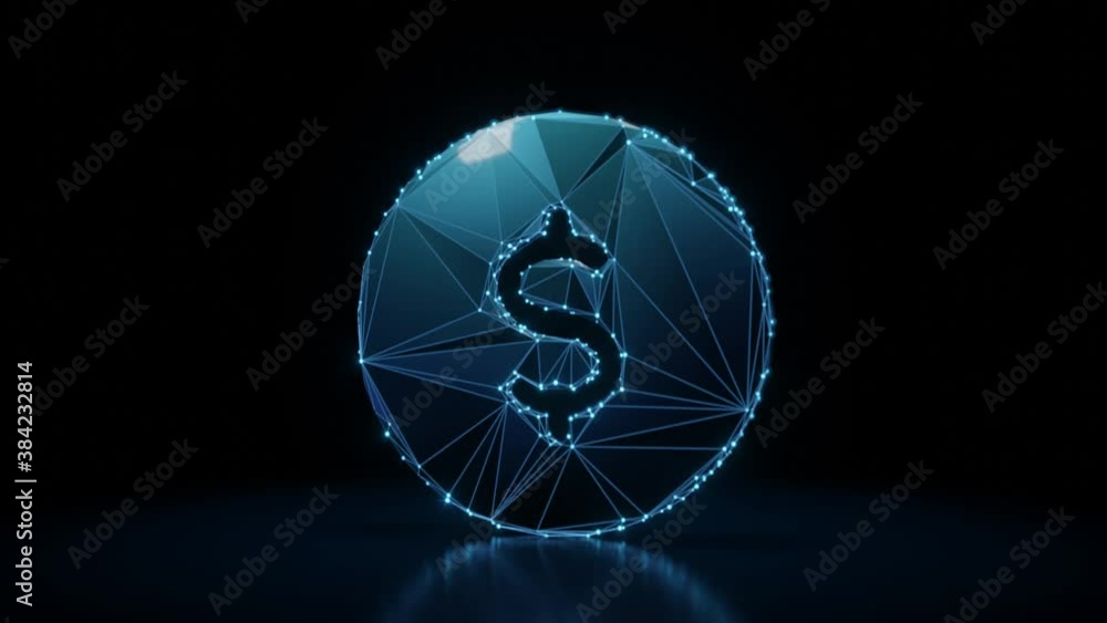 Poster 3d rendering 4k fly through wireframe neon glowing symbol of dollar coin with bright dots on dark ba