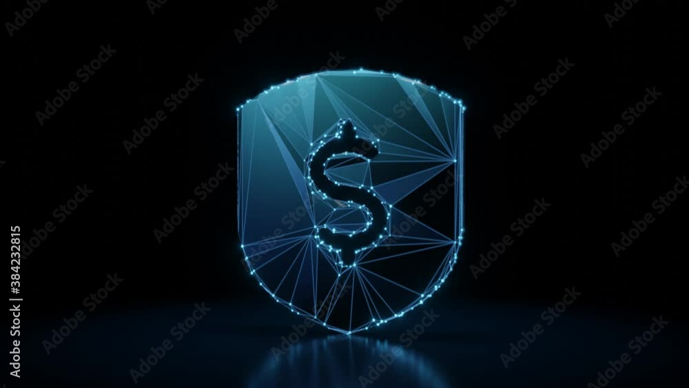 Poster 3d rendering 4k fly through wireframe neon glowing symbol of dollar symbol in shield with bright dot