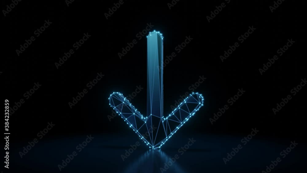 Poster 3d rendering 4k fly through wireframe neon glowing symbol of down arrow with bright dots on dark bac
