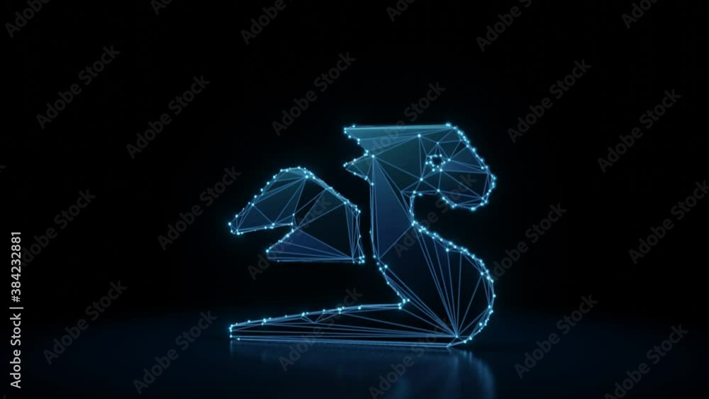 Poster 3d rendering 4k fly through wireframe neon glowing symbol of fairy tale fury with bright dots on dar