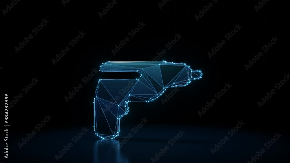 Poster 3d rendering 4k fly through wireframe neon glowing symbol of handheld drill with bright dots on dark