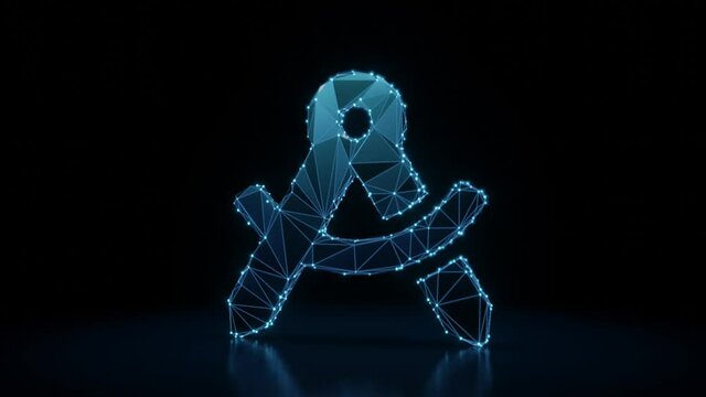 3d rendering 4k fly through wireframe neon glowing symbol of drafting compass with hole in hinge with bright dots on dark background with blured reflection on floor