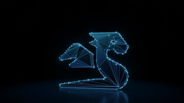 3d rendering 4k fly through wireframe neon glowing symbol of fairy tale fury with bright dots on dark background with blured reflection on floor