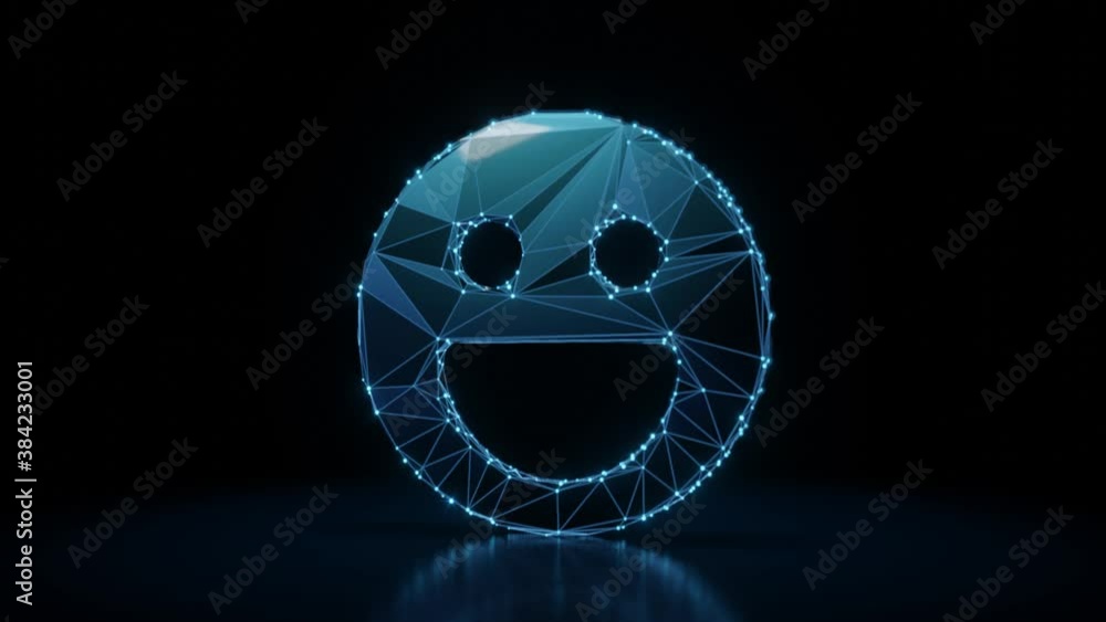 Aufkleber 3d rendering 4k fly through wireframe neon glowing symbol of joyful emoticon with bright dots on dar