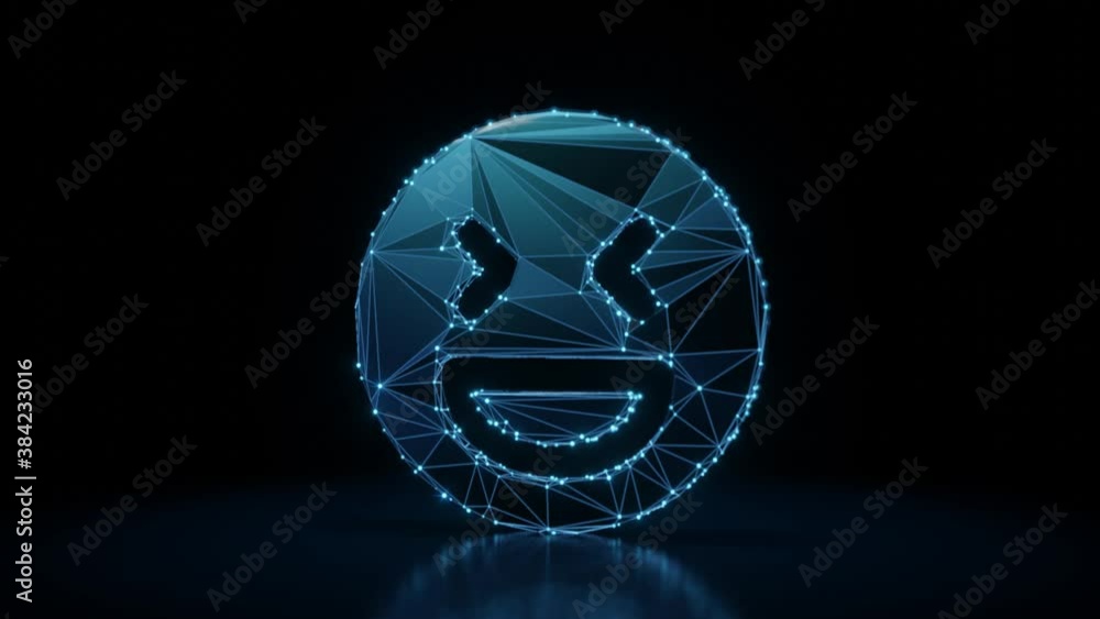 Poster 3d rendering 4k fly through wireframe neon glowing symbol of laughing emoticon with bright dots on d