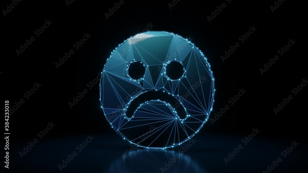 Poster 3d rendering 4k fly through wireframe neon glowing symbol of sad emoticon with bright dots on dark b