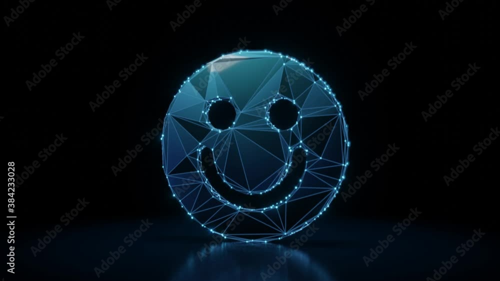 Aufkleber 3d rendering 4k fly through wireframe neon glowing symbol of smiling emoticon with bright dots on da
