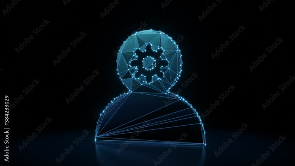 Poster 3d rendering 4k fly through wireframe neon glowing symbol of person with cogwheel in head with brigh