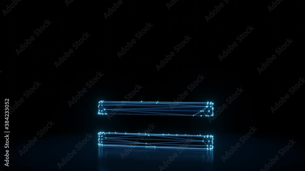 Poster 3d rendering 4k fly through wireframe neon glowing symbol of thin equal sign with bright dots on dar