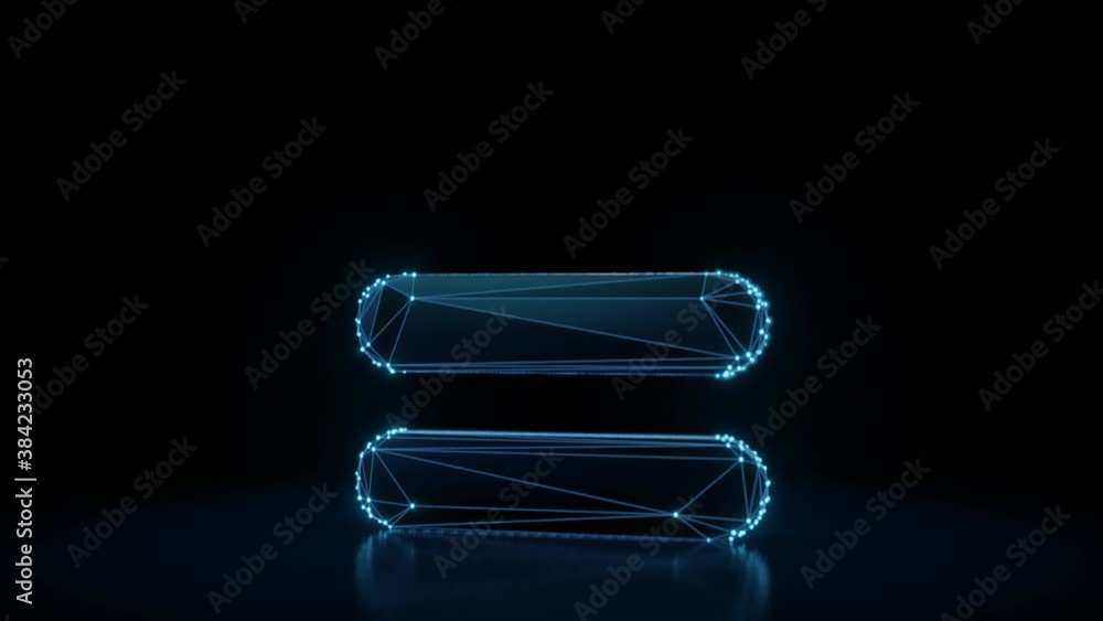 Poster 3d rendering 4k fly through wireframe neon glowing symbol of equal sign bold with bright dots on dar