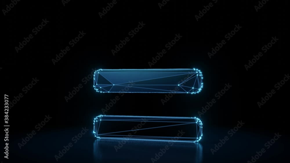 Poster 3d rendering 4k fly through wireframe neon glowing symbol of equals rounded sign with bright dots on