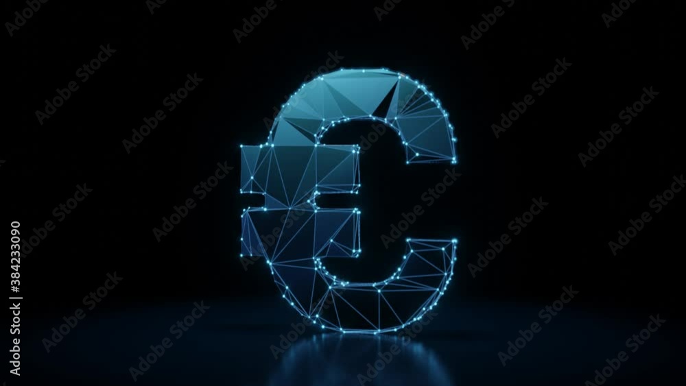 Poster 3d rendering 4k fly through wireframe neon glowing symbol of euro symbol with bright dots on dark ba