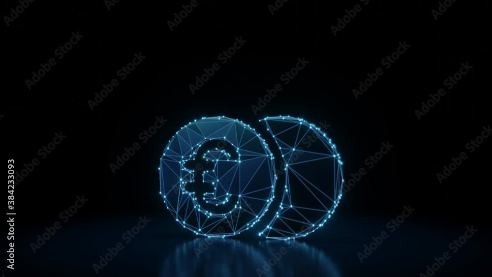 Poster 3d rendering 4k fly through wireframe neon glowing symbol of two euro coins with bright dots on dark