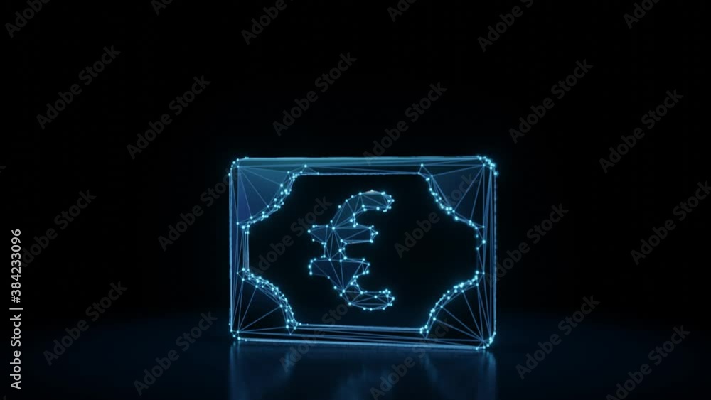 Poster 3d rendering 4k fly through wireframe neon glowing symbol of euro banknote with bright dots on dark 