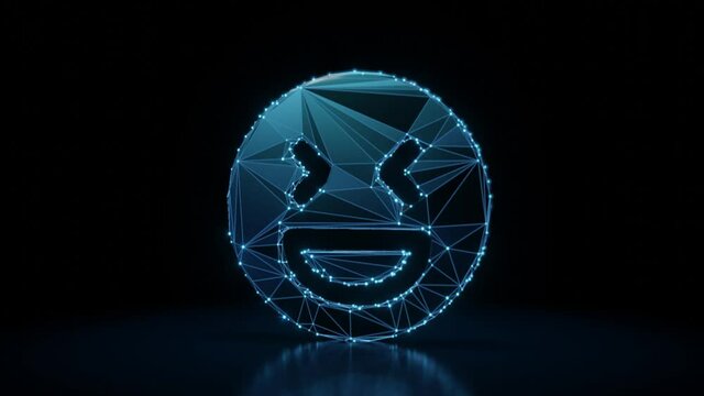 3d rendering 4k fly through wireframe neon glowing symbol of laughing emoticon  with bright dots on dark background with blured reflection on floor