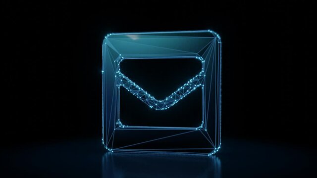 3d rendering 4k fly through wireframe neon glowing symbol of envelope in square with bright dots on dark background with blured reflection on floor