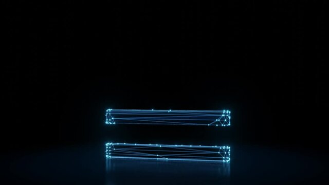 3d rendering 4k fly through wireframe neon glowing symbol of thin equal sign with bright dots on dark background with blured reflection on floor