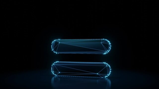 3d rendering 4k fly through wireframe neon glowing symbol of equal sign bold with bright dots on dark background with blured reflection on floor
