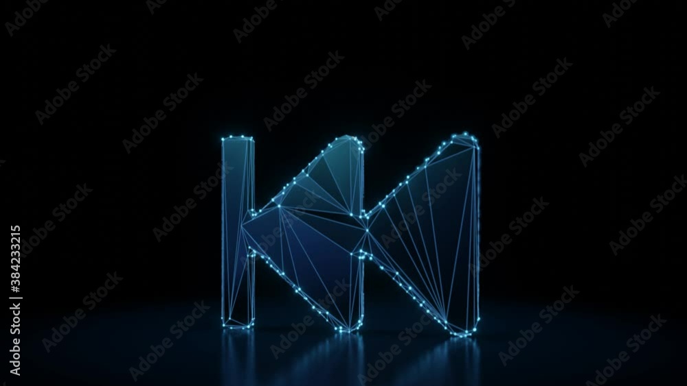 Poster 3d rendering 4k fly through wireframe neon glowing symbol of fast backward symbol with bright dots o