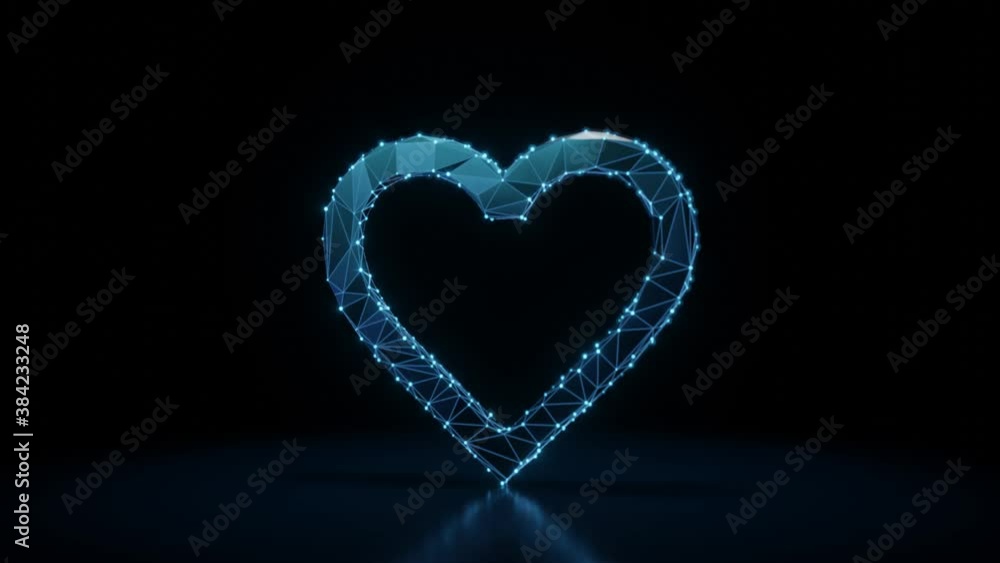 Poster 3d rendering 4k fly through wireframe neon glowing symbol of heart with bright dots on dark backgrou