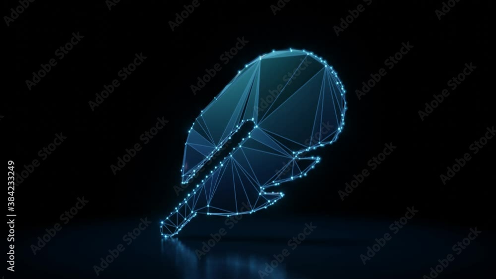 Poster 3d rendering 4k fly through wireframe neon glowing symbol of rounded feather with bright dots on dar