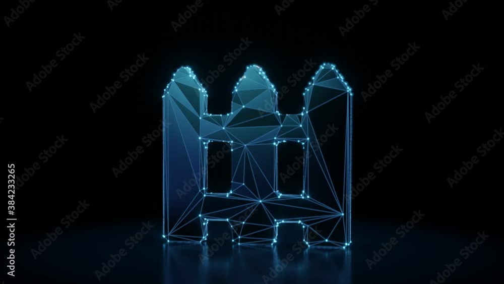Poster 3d rendering 4k fly through wireframe neon glowing symbol of fence from three panels with bright dot