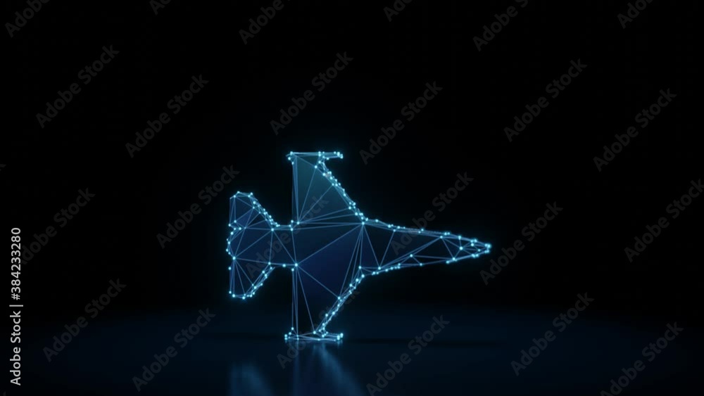 Poster 3d rendering 4k fly through wireframe neon glowing symbol of fighting falcon fighter jet with bright