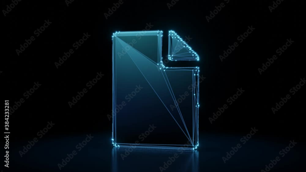 Poster 3d rendering 4k fly through wireframe neon glowing symbol of piece of paper with bent corner with br