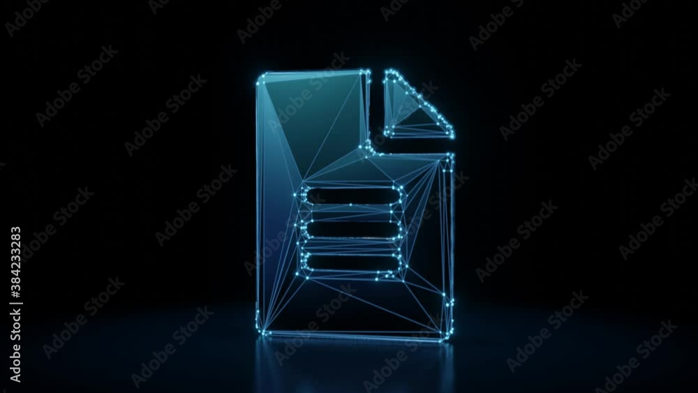 Poster 3d rendering 4k fly through wireframe neon glowing symbol of paper with bent corner and text with br