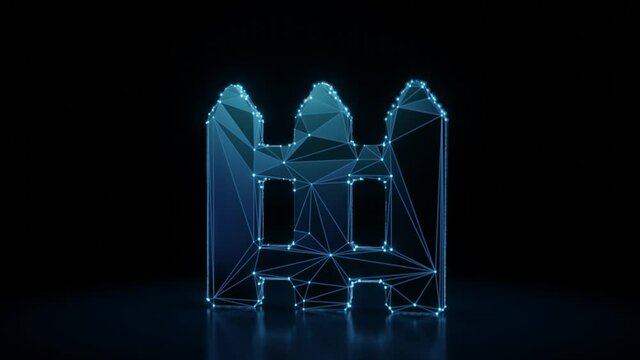 3d rendering 4k fly through wireframe neon glowing symbol of fence from three panels with bright dots on dark background with blured reflection on floor