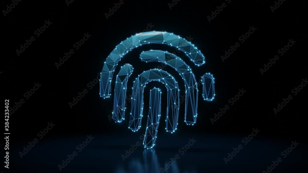 Aufkleber 3d rendering 4k fly through wireframe neon glowing symbol of fingerprint with bright dots on dark ba