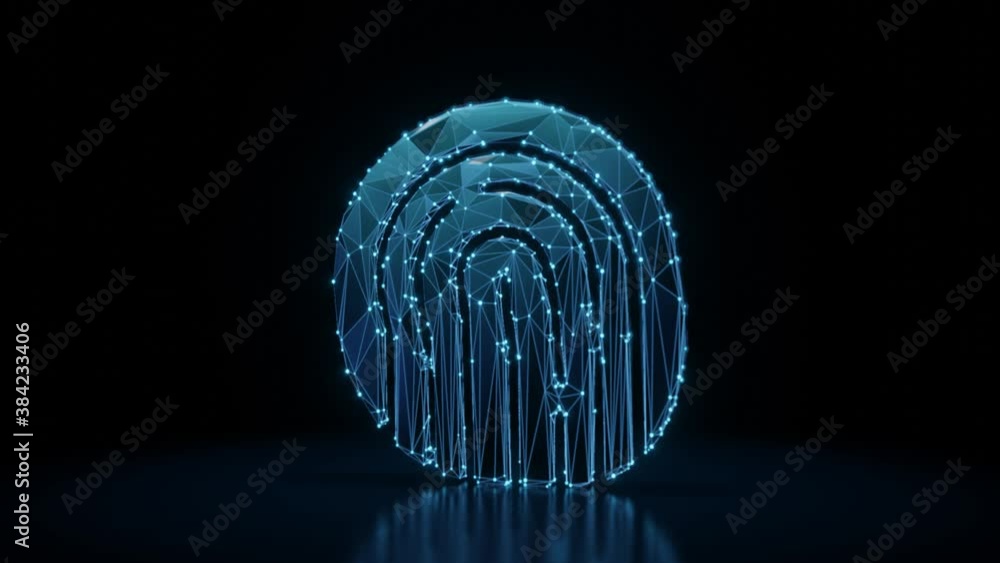 Aufkleber 3d rendering 4k fly through wireframe neon glowing symbol of inverse fingerprint with bright dots on