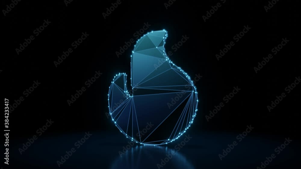 Poster 3d rendering 4k fly through wireframe neon glowing symbol of flame with bright dots on dark backgrou