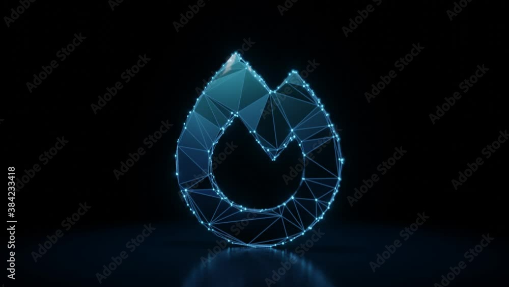Poster 3d rendering 4k fly through wireframe neon glowing symbol of flame with bright dots on dark backgrou