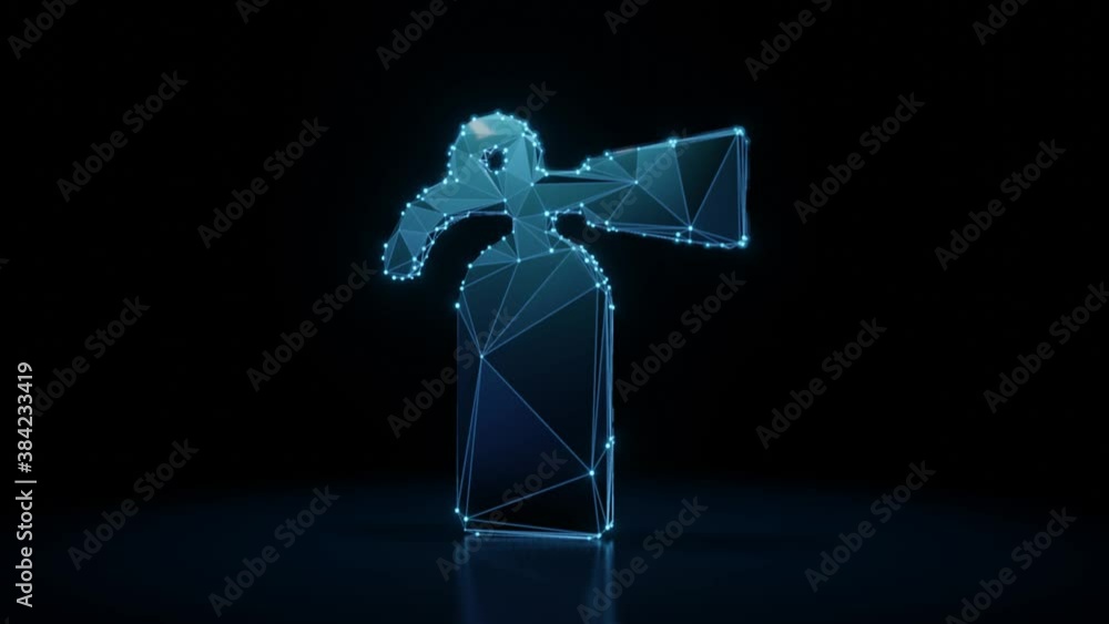 Poster 3d rendering 4k fly through wireframe neon glowing symbol of fire extinguisher bottle with bright do