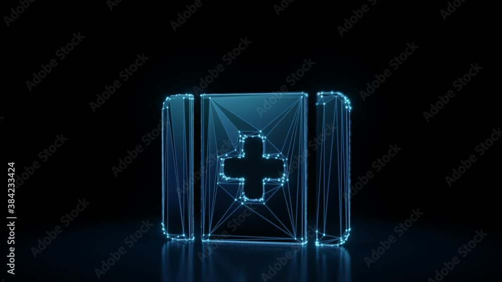 Poster 3d rendering 4k fly through wireframe neon glowing symbol of first aid box with cross with bright do