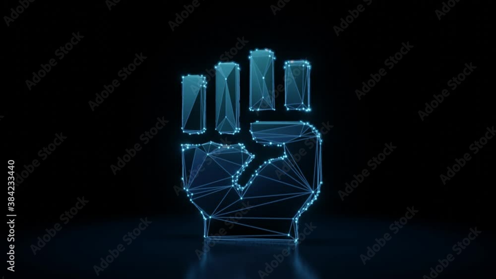 Poster 3d rendering 4k fly through wireframe neon glowing symbol of fist raised gesture with bright dots on