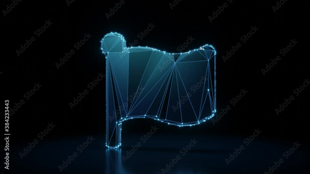 Aufkleber 3d rendering 4k fly through wireframe neon glowing symbol of billowy flag with bright dots on dark b