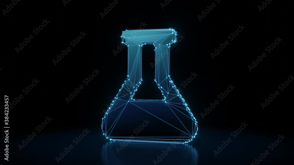 Poster 3d rendering 4k fly through wireframe neon glowing symbol of chemistry flask with bright dots on dar