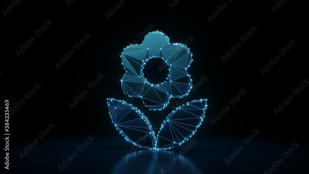 Poster 3d rendering 4k fly through wireframe neon glowing symbol of flower with leaves with bright dots on 