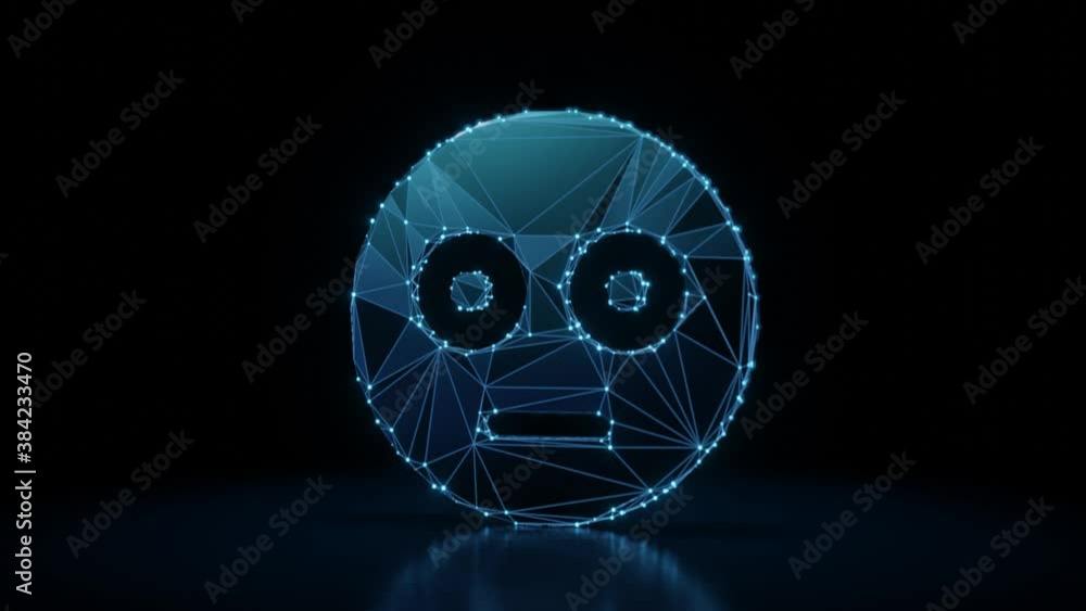 Poster 3d rendering 4k fly through wireframe neon glowing symbol of flushed emoticon with bright dots on da