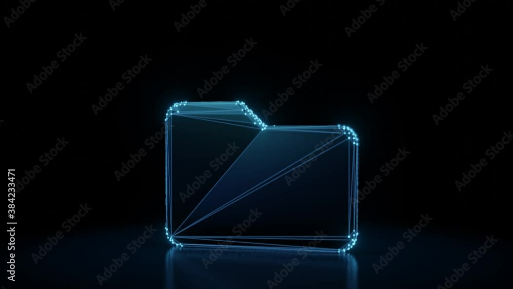Poster 3d rendering 4k fly through wireframe neon glowing symbol of office folder with bright dots on dark 