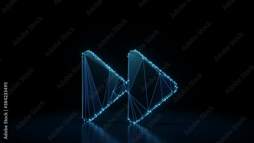 Aufkleber 3d rendering 4k fly through wireframe neon glowing symbol of two right double arrows with bright dot