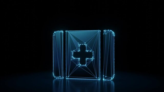 3d rendering 4k fly through wireframe neon glowing symbol of first aid box with cross with bright dots on dark background with blured reflection on floor