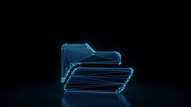 3d rendering 4k fly through wireframe neon glowing symbol of open folder with bright dots on dark background with blured reflection on floor