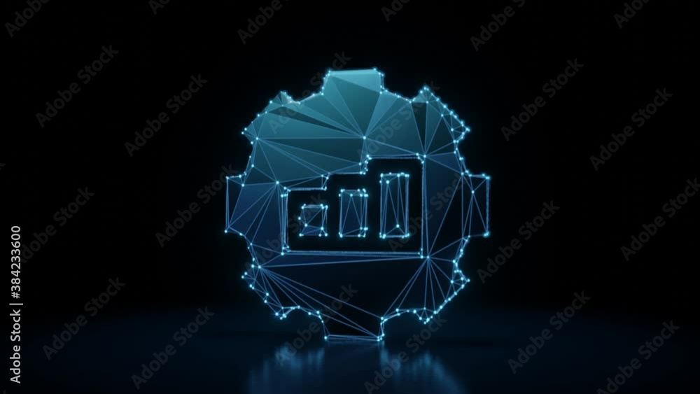Poster 3d rendering 4k fly through wireframe neon glowing symbol of gear with bar chart with bright dots on