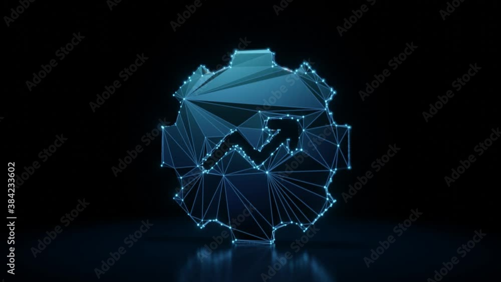 Poster 3d rendering 4k fly through wireframe neon glowing symbol of gear chart arrow with bright dots on da